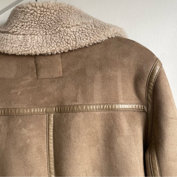 Zara trendy tan beige aviator faux suede Sherpa shearling moto jacket size S - Picture 14 of 15